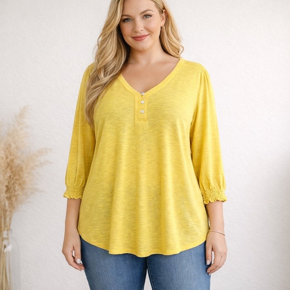 J Jill Yellow V Neck Henley Top 3/4 Sleeve Soft Casual Knit Size Large